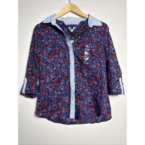 Tommy Hilfiger Tops - Tommy Hilfiger Womens‎ Cotton Floral Roll-Tab Shirt Small Red Blue NWT